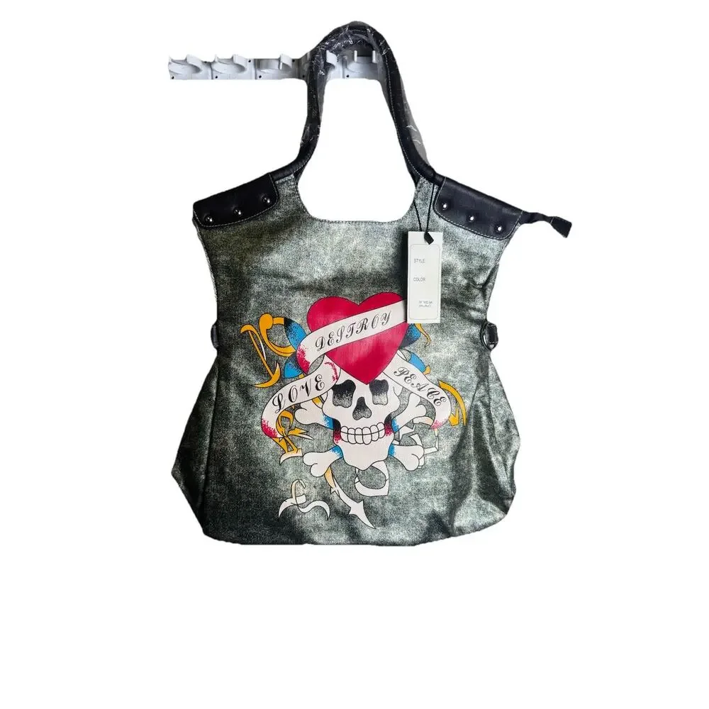 NWT Punk Rock Y2K Skull Crossbones Tattoo Tote Hobo Bag Goth Emo- Bold